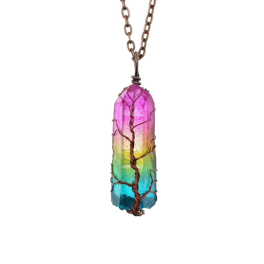 Crystal Tree of Life Necklace – Natural Stone Pendant with Rainbow Energy Design